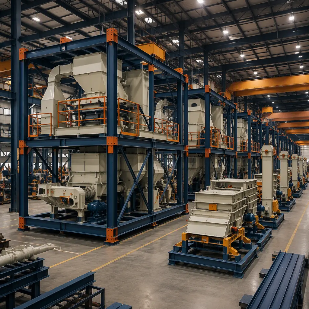 Factory floor of modular prefabricated construction facility, steel-frame feed mill modules with pre-installed conveying and dust hoods being fabricated, milling decks and elevators assembled on line, dark navy and warm steel orange accents, no people faces, no text