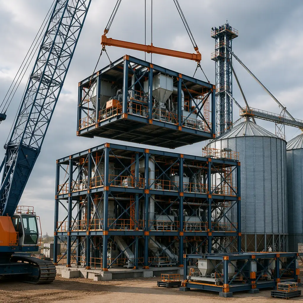 Crane lifting prefabricated steel-frame feed mill module with pre-installed conveying and equipment onto stacked decks at construction site, grain storage bins and elevator leg staged, module seams visible, dark navy steel with warm orange accents, no people faces, no text