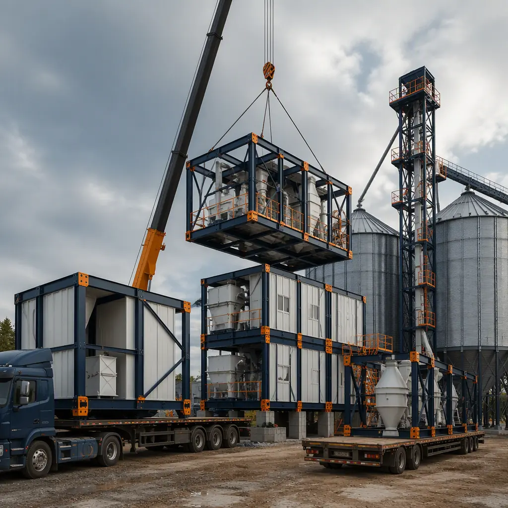 Prefabricated feed mill modules arriving on flatbed trucks at site, crane positioning steel-frame milling deck module onto stacked foundation, grain storage bins and elevator leg staged beside, module seams visible, dark navy steel with warm orange accents, no people faces, no text, no logos