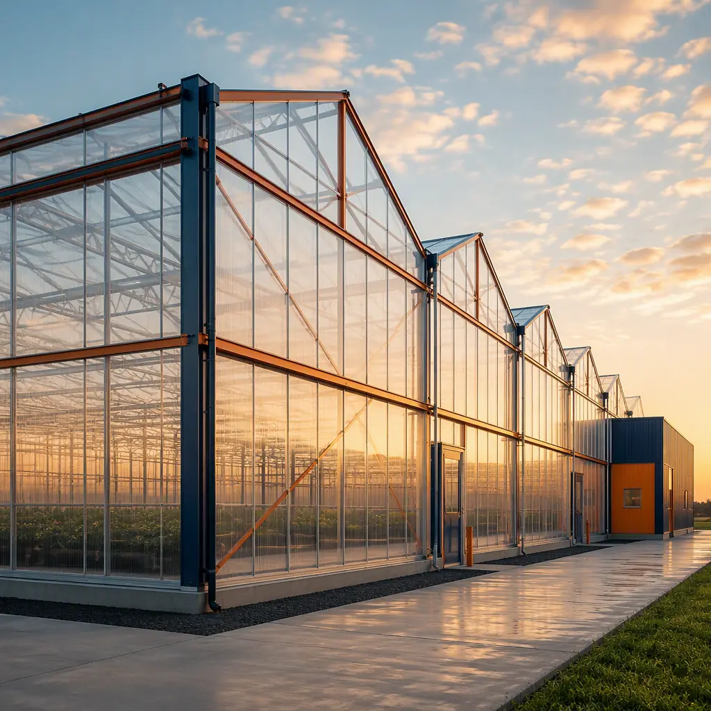 Modular commercial greenhouse complex exterior, long clear-span prefabricated greenhouse structures with translucent panels and visible steel frame grid, gutter-connected bays, service building module at end, clean geometric lines, module seams visible, dark navy steel with warm steel orange accents, golden hour, no people, no text