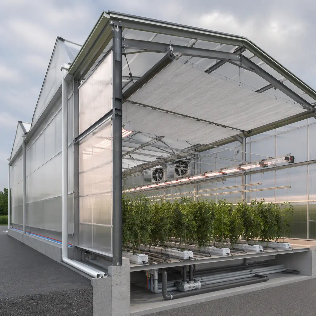 Photorealistic 3D cross-section render of modular greenhouse bay, steel frame showing translucent glazing envelope, thermal screen, heating pipes, drip irrigation lines, grow lights and ventilation system within clear-span structure, clean engineering visualization, no text, no labels