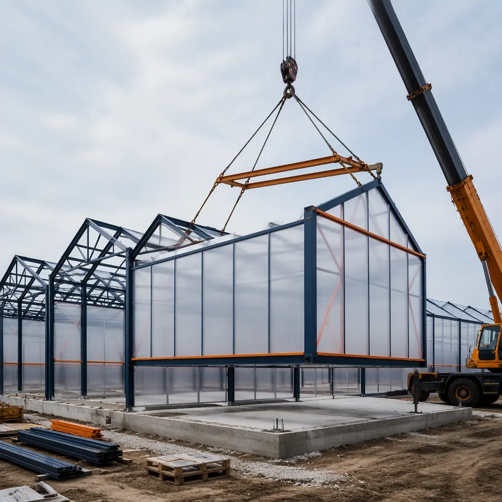 Crane lifting prefabricated steel-frame greenhouse module with translucent panel wall onto concrete foundation pad, greenhouse range under construction with bays being set in sequence, module seams visible, dark navy structural steel with warm steel orange accents, no people faces