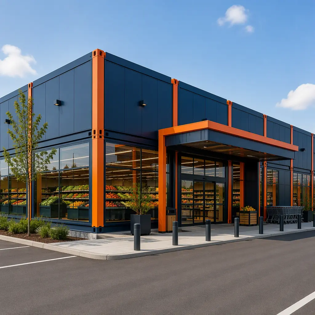 Modern modular supermarket building exterior, prefabricated steel-frame retail modules with glass storefront, clean geometric lines, module seams visible, grocery store entrance with shopping cart corral, dark navy structural steel with warm steel orange accents, no people, no text