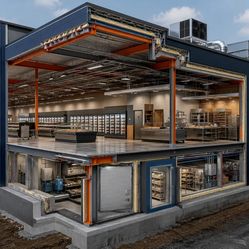 Photorealistic 3D cross-section render of modular supermarket building, steel frame with refrigerated case line, walk-in cooler module, deli and bakery rooms, MEP systems and insulated envelope visible, clean engineering visualization, no text, no labels