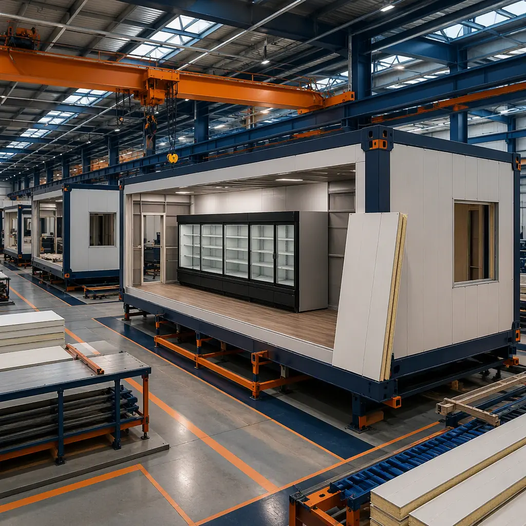 Factory floor of modular prefabricated construction facility, steel-frame retail module under assembly with refrigerated case line and insulated panels being installed, assembly line with modules in production, overhead crane, dark navy and warm steel orange accents, no people faces