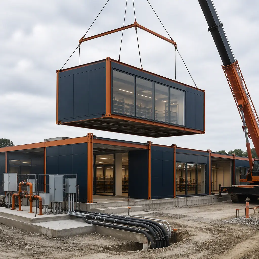 Crane lifting prefabricated steel-frame retail module onto foundation at supermarket construction site, modules being positioned with module seams visible, glass storefront panel on module, clean modern design, dark navy and warm steel orange accents, no people faces