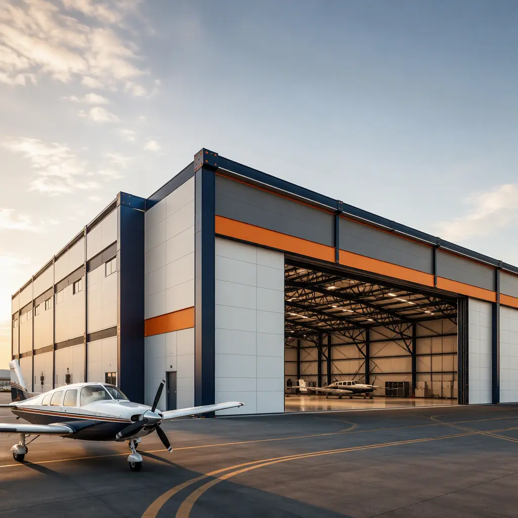Modular aircraft hangar exterior, large clear-span prefabricated steel-frame building with wide sliding hangar doors, aircraft visible on apron in foreground, module seams visible on facade, clean geometric industrial architecture, dark navy structural steel with warm steel orange accents, no text