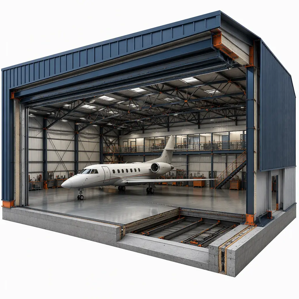Photorealistic 3D cross-section render of modular aircraft hangar, clear-span steel frame with pre-engineered trusses, wide door opening, office mezzanine along rear wall, maintenance pit in floor slab, clean engineering visualization, no text, no labels