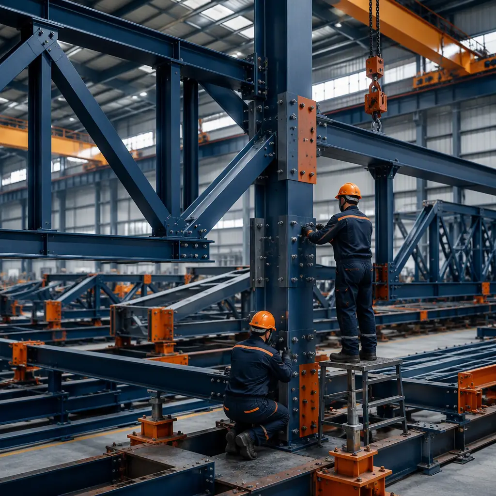 Factory floor of modular prefabricated construction facility, large steel hangar roof truss and column modules being assembled, workers connecting bolted steel frame joints (no faces), pre-engineered truss sections on assembly line, dark navy and warm steel orange accents