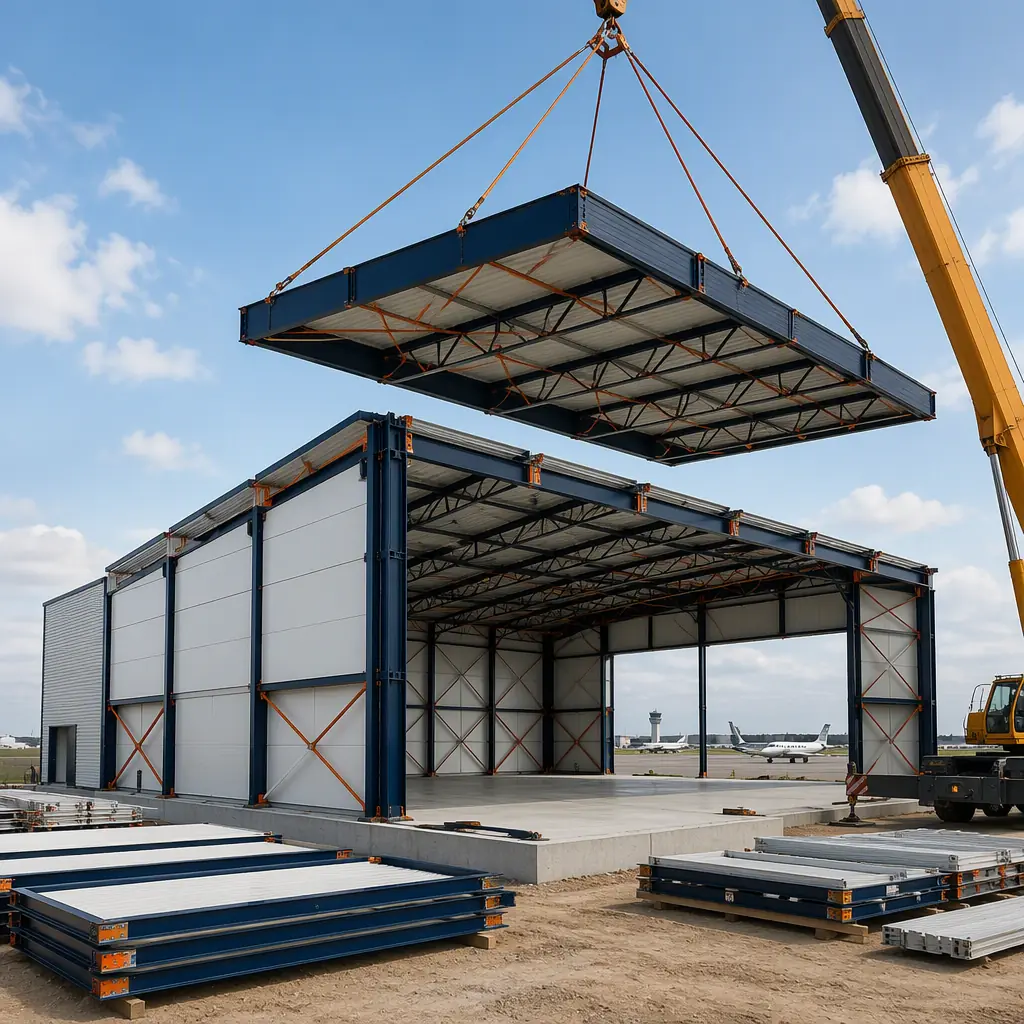Crane lifting prefabricated steel-frame hangar module with pre-engineered roof truss onto foundation at airport construction site, aircraft hangar structure partially assembled, module seams visible, dark navy structural steel with warm steel orange accents, no people