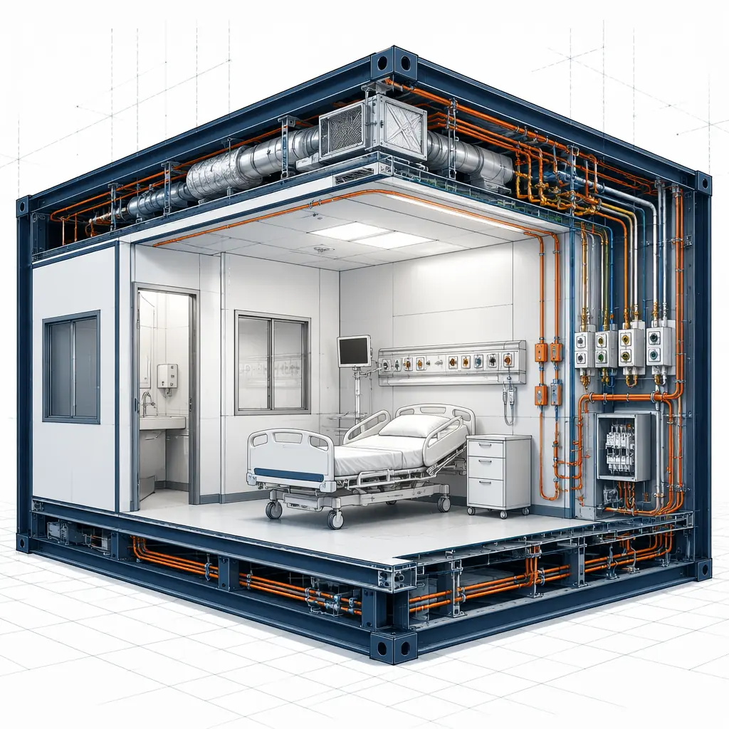 Cutaway illustration of a modular hospital patient room module showing integrated medical gas piping, HEPA filtration, and nurse call systems pre-installed at factory