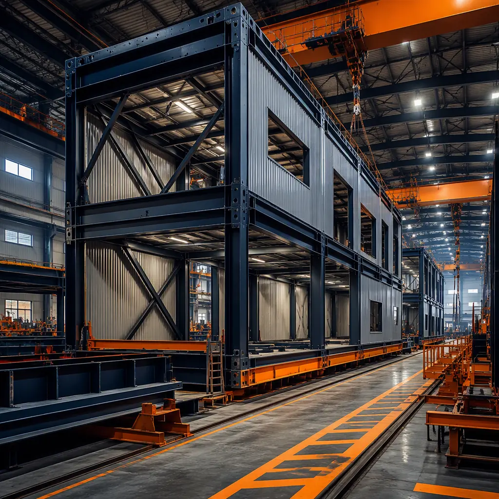 Large modular steel frame industrial facility under construction, prefabricated building modules with heavy structural steel beams and industrial-grade cladding, factory environment with overhead crane and assembly stations, dark navy structural elements with industrial orange safety markings