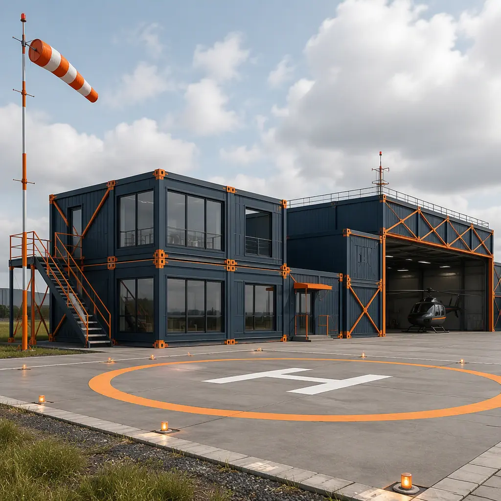 Modular heliport facility exterior, prefabricated steel-frame terminal and hangar modules assembled beside concrete helipad with windsock, clean geometric industrial architecture, module seams visible, dark navy structural steel with warm steel orange accents, no people, no text