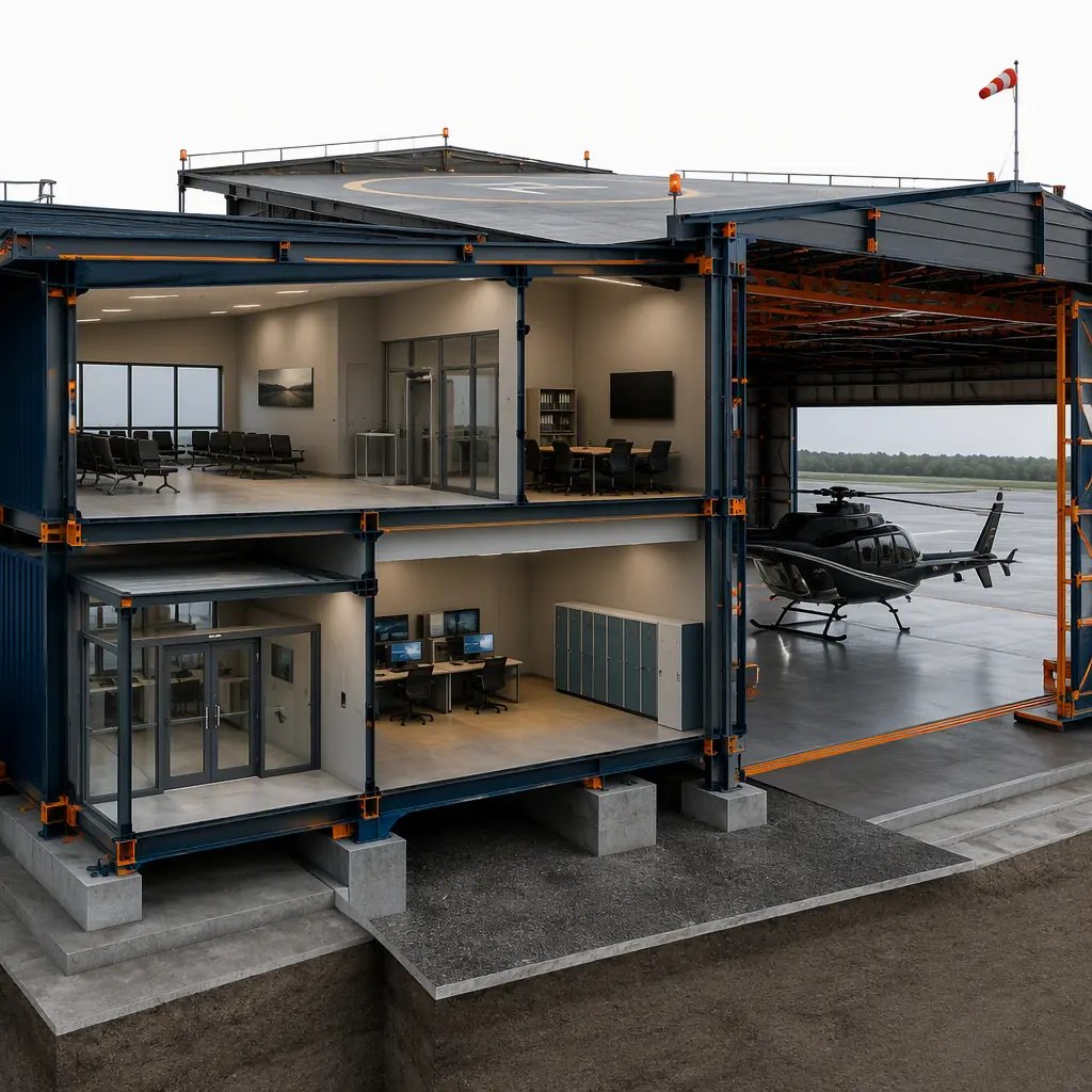 Photorealistic 3D cross-section render of modular heliport terminal building, steel frame structure with passenger processing areas, crew briefing room, operations office, secure access control vestibule, hangar bay module with large opening, clean engineering visualization, no text, no labels