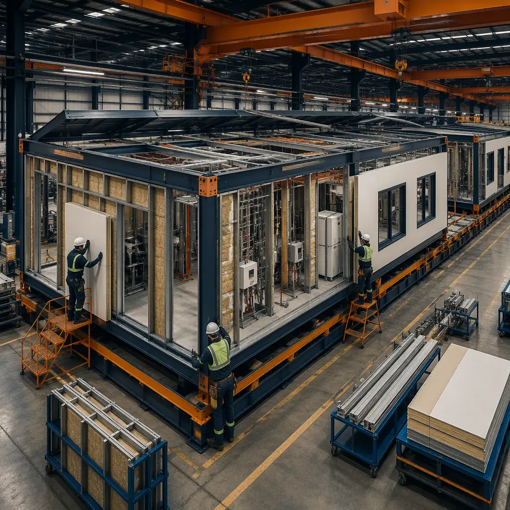 Factory floor of modular prefabricated construction facility, steel-framed heliport terminal module under assembly, insulated wall panels and MEP systems being installed on module frame, workers fitting panels (no faces), overhead crane, assembly line, dark navy and warm steel orange accents
