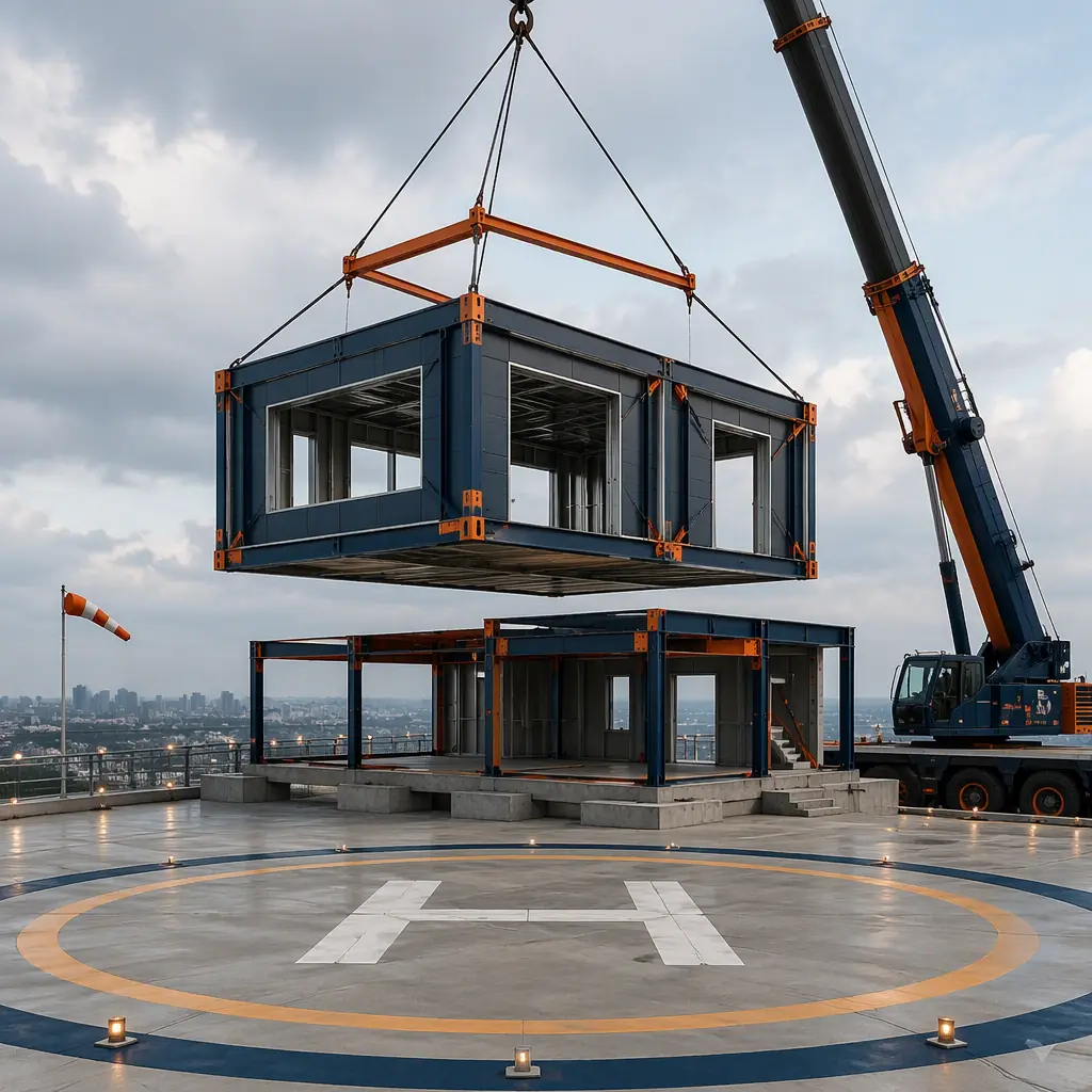 Crane lifting prefabricated steel-frame terminal module onto foundation at heliport construction site, concrete helipad with painted landing markings in foreground, module with large openings for windows and doors, module seams visible, dark navy structural steel with warm steel orange accents, no people