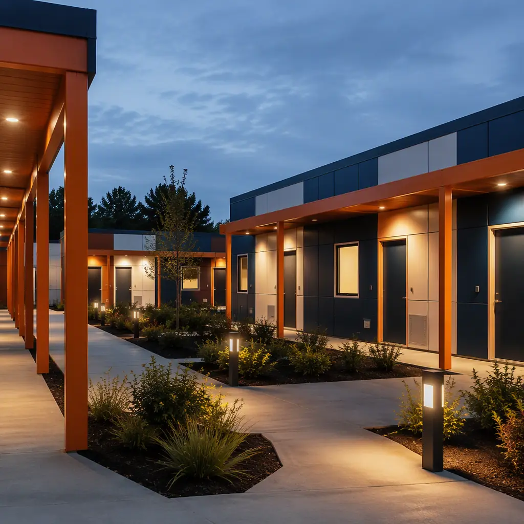 Modular transitional housing village exterior, single-story prefabricated buildings arranged around landscaped courtyard, private room modules with individual entrances, clean geometric lines, module seams visible, dark navy structural steel with warm steel orange accents, evening lighting, no people, no text
