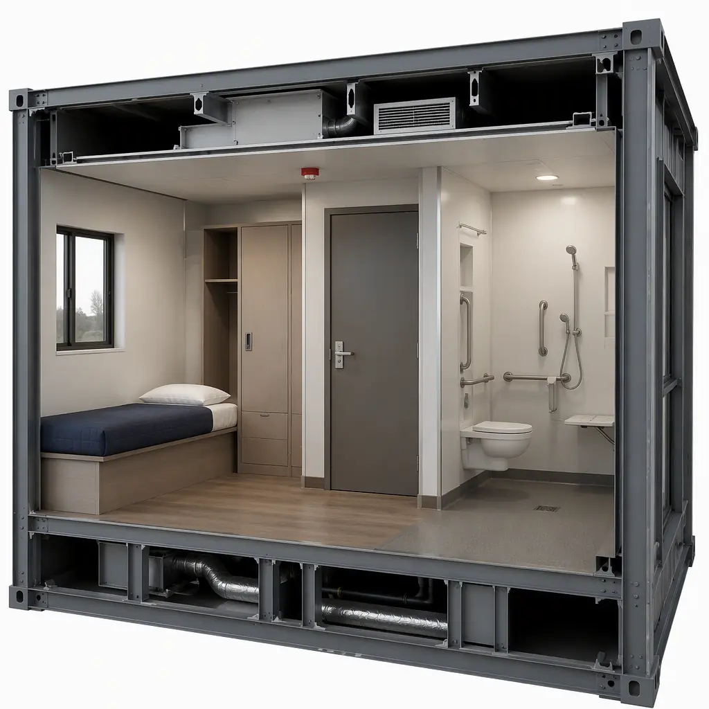 Photorealistic 3D cross-section render of modular shelter room module, steel frame showing private room with lockable door, integrated HVAC unit, sprinkler head, window, storage locker and accessible bathroom, clean engineering visualization, no text, no labels