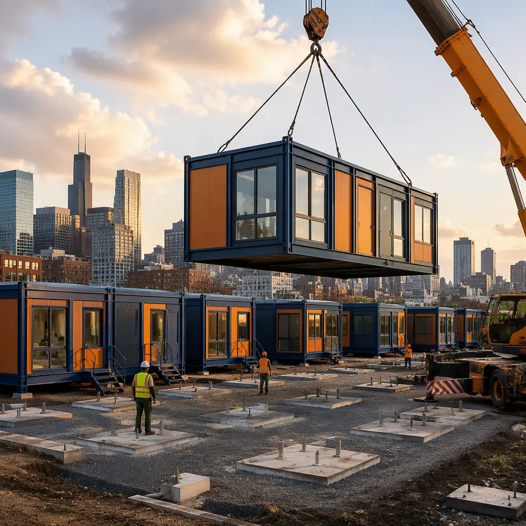 Crane lifting prefabricated steel-frame module onto concrete foundation pads at urban construction site for transitional housing village, modules being positioned in rows, module seams visible, dark navy structural steel with warm steel orange accents, city background, no people faces