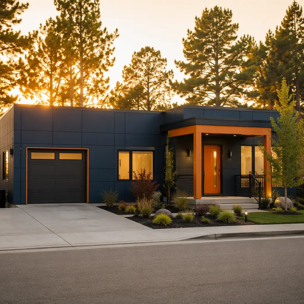 Completed single-family modular home street view, modern ranch-style prefabricated house with clean geometric lines, factory-assembled wall panels with grid pattern, navy blue siding with warm orange door detail, landscaped front yard with new driveway, golden hour lighting, professional real estate photography