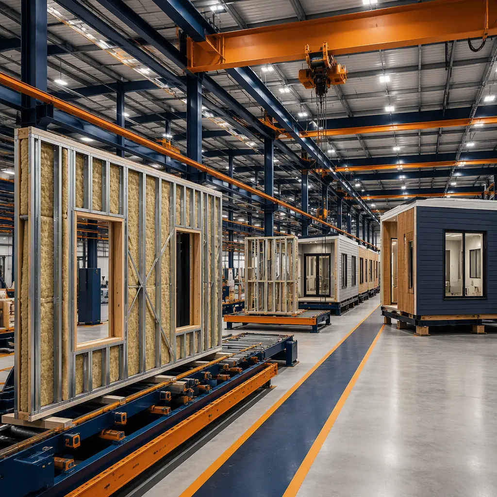 Modular home factory assembly line, wall panels being fabricated with insulation installed between steel studs, house modules on the factory floor nearing completion with windows and exterior siding, overhead crane, clean bright manufacturing environment