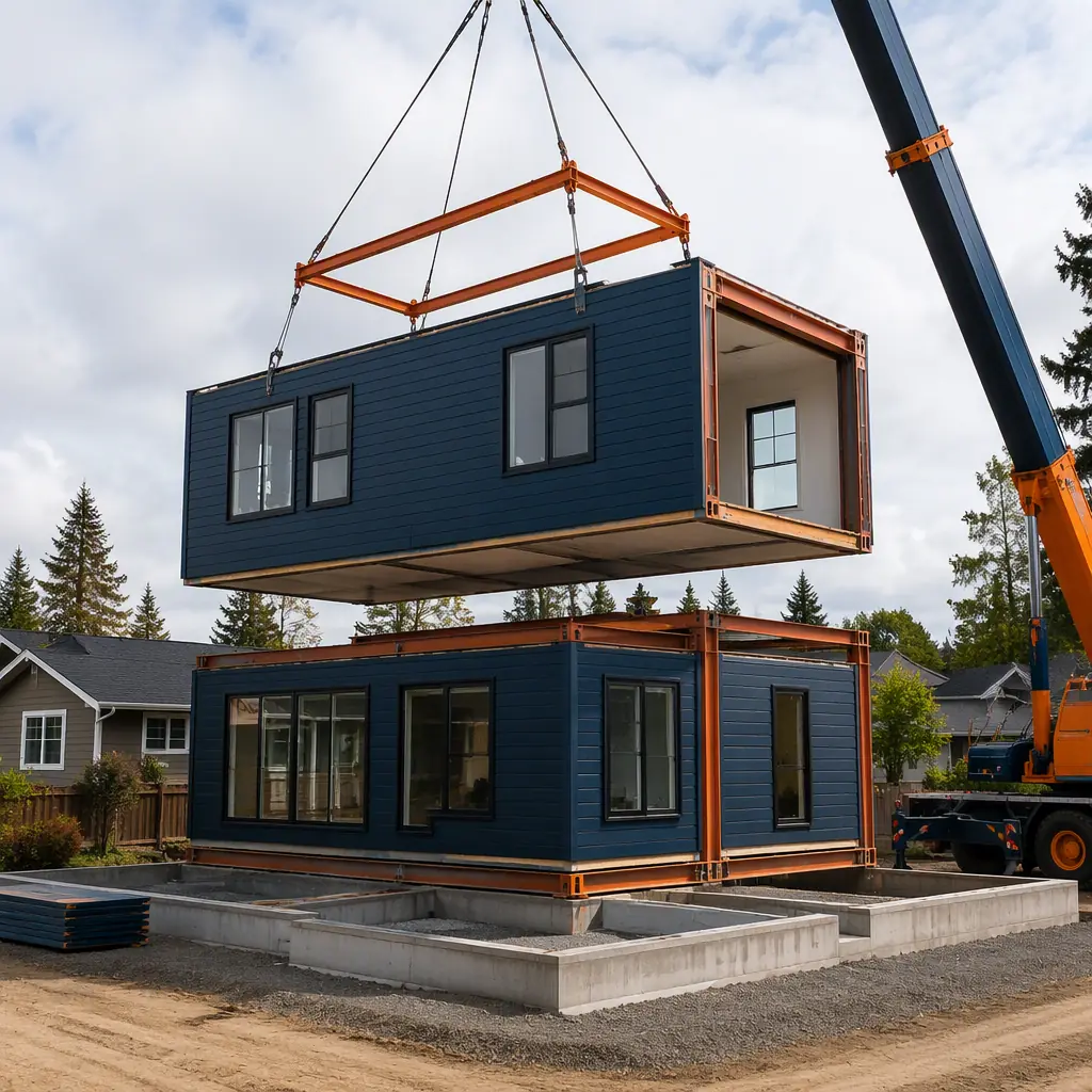 Crane lifting prefabricated modular home sections onto a prepared foundation on a residential lot, house modules with factory-installed windows and navy siding, steel frame structure visible at the connection point, suburban construction site with clean landscaping