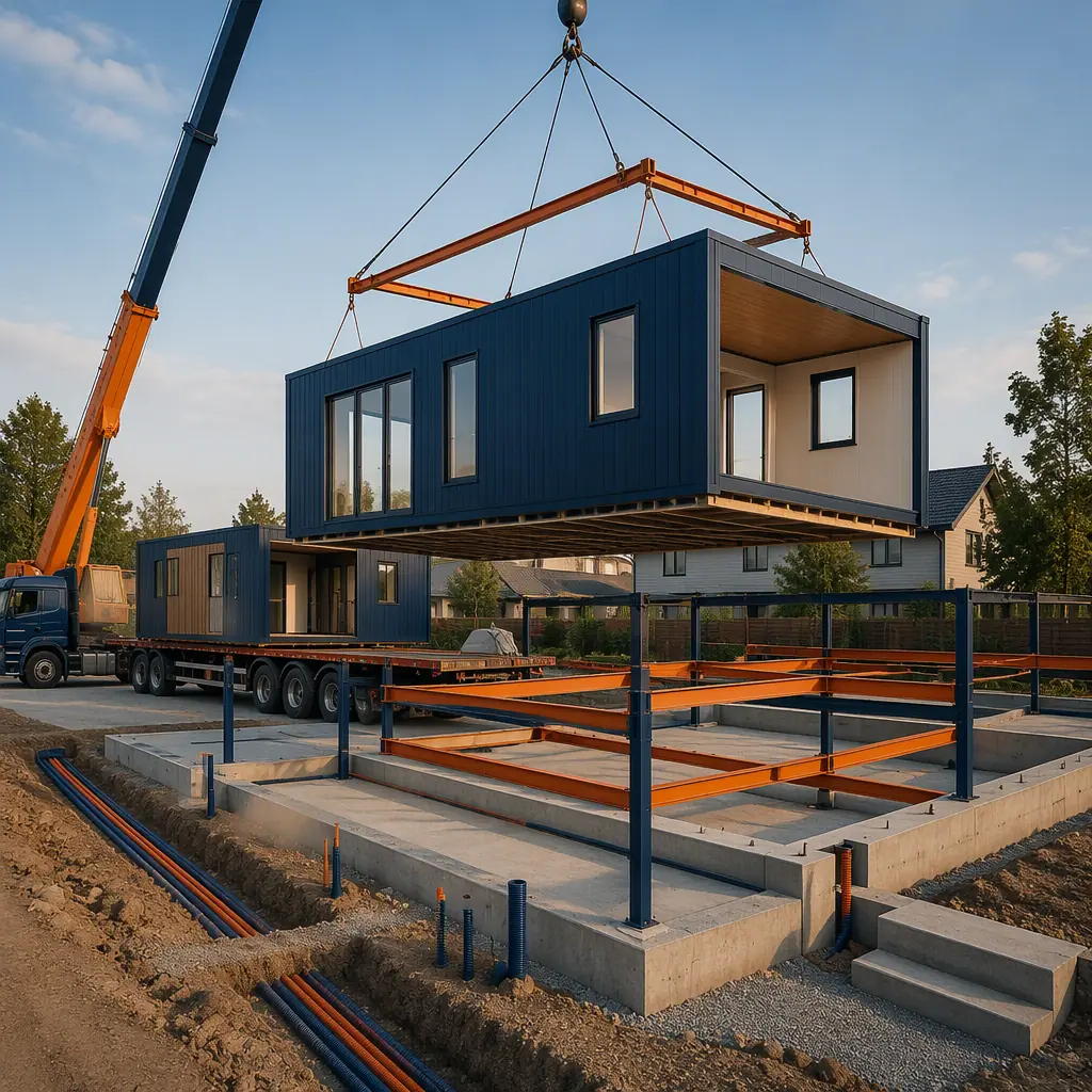 Prefabricated modular home sections arriving on a flatbed truck at a residential lot, module being positioned by crane onto prepared foundation, steel frame visible at connection, clean site with utility trenches and concrete foundation