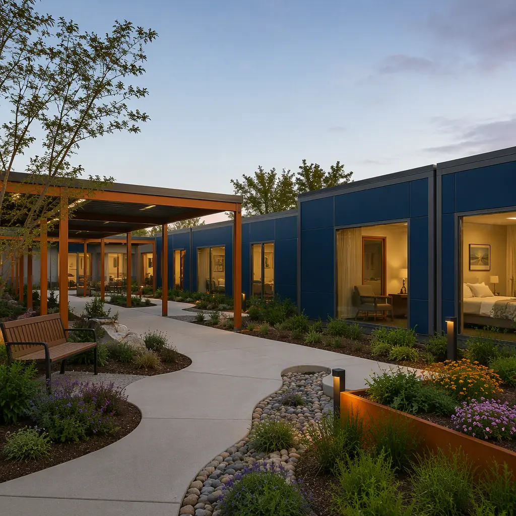 Modern modular hospice care facility exterior, single-story steel-frame patient wing with private suite modules, covered walkway to landscaped garden courtyard, clean geometric lines with module seams visible, dark navy steel with warm orange accents, no people faces, no text, no logos