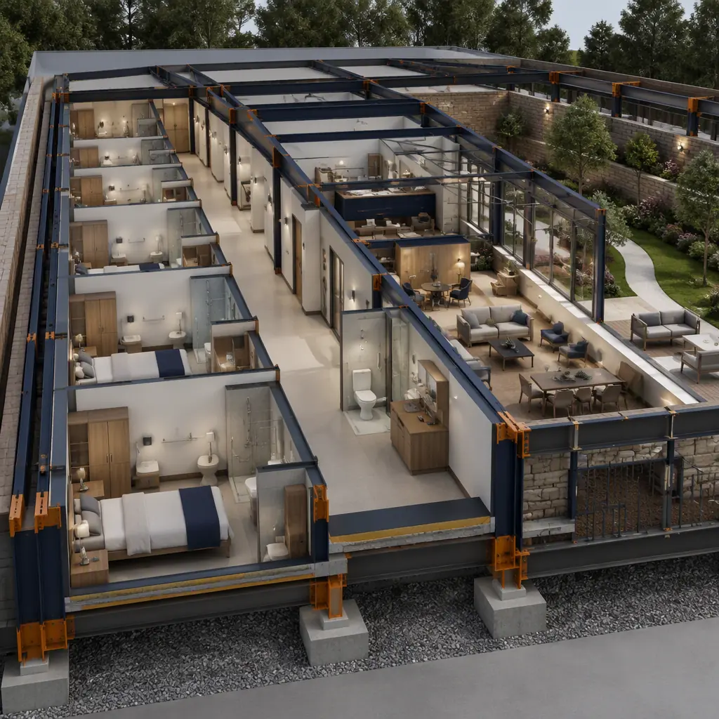 Photorealistic 3D cross-section render of modular hospice care building, showing private patient suite modules with en-suite bathrooms, single-loaded corridor, family suites, clinical support core with medication room and nurses station, quiet room and communal living area, garden courtyard connection, clean engineering visualization, no text, no labels