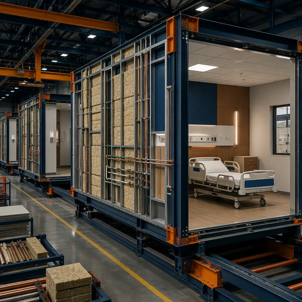 Factory floor of modular prefabricated construction facility, steel-frame patient suite modules being fabricated with residential finishes, wall panels with acoustic insulation installed, medical gas piping visible on module frame, assembly line with care facility modules, dark navy and warm steel orange accents, no people faces, no text