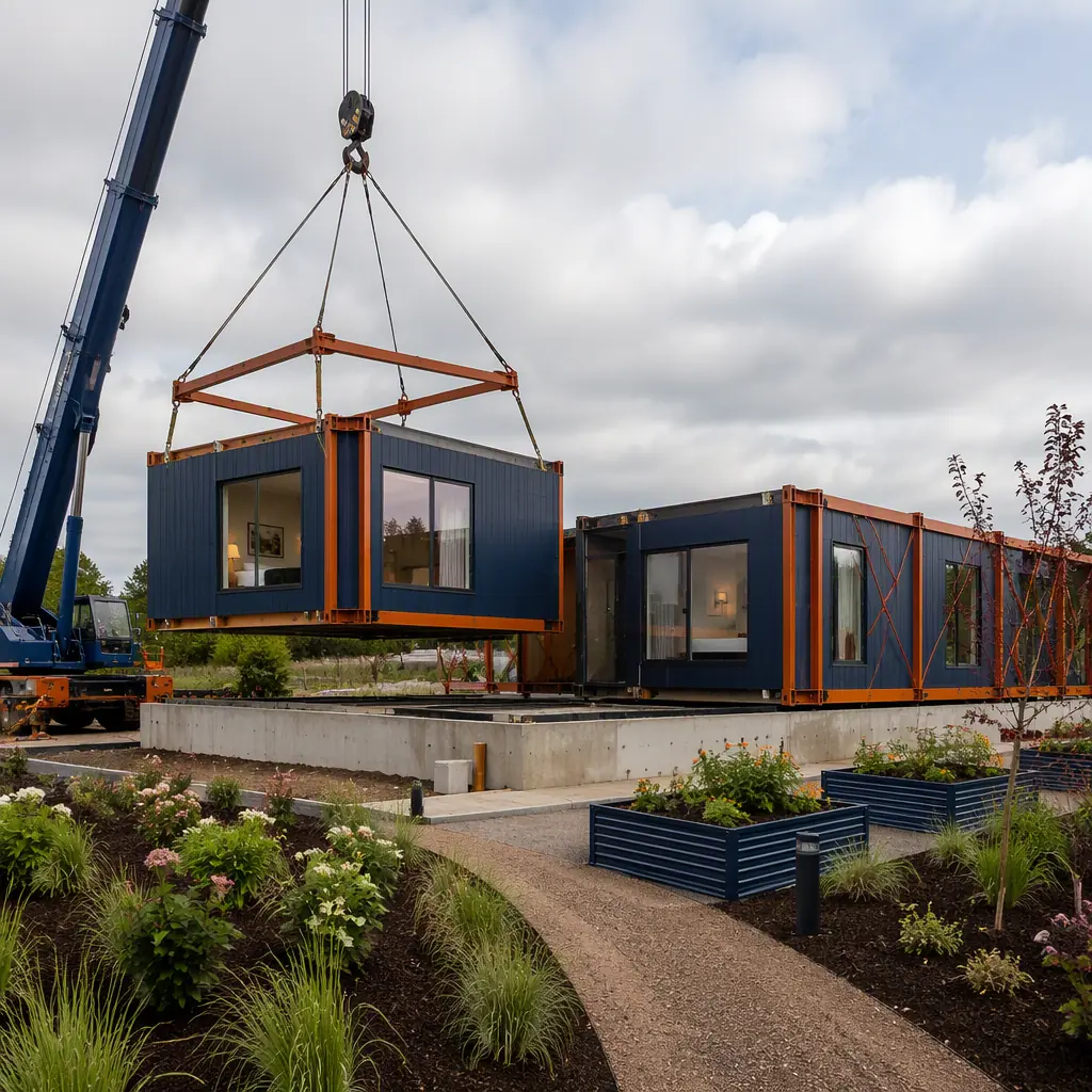 Crane lifting prefabricated steel-frame patient suite module onto concrete foundation at hospice construction site, modules with pre-installed windows and finishes staged for connection, landscaped garden beds prepared beside building footprint, module seams visible, dark navy steel with warm orange accents, no people faces, no text
