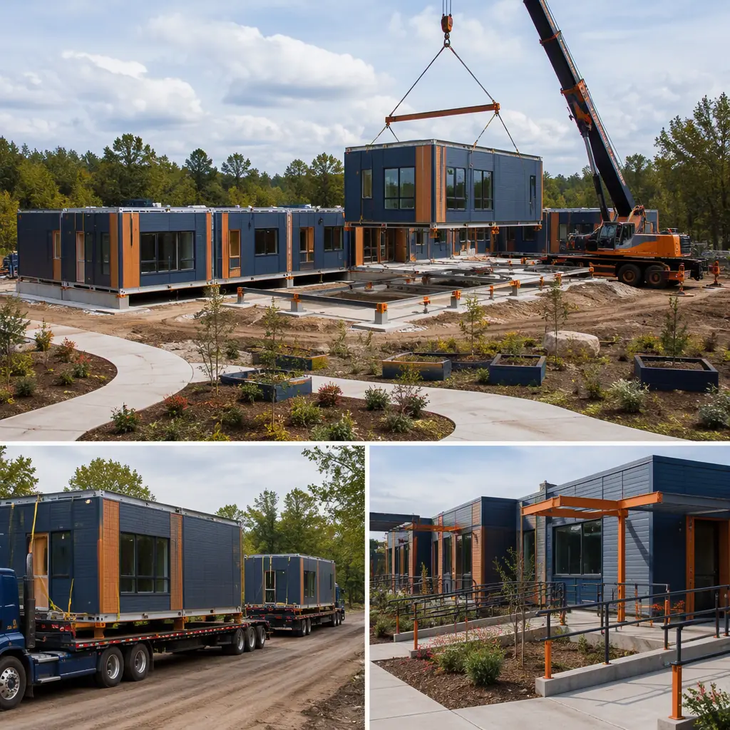 Prefabricated hospice care modules arriving on flatbed trucks at construction site, crane positioning steel-frame patient suite module onto prepared foundation, landscaped garden and accessible paths under construction, module seams visible, dark navy steel with warm orange accents, no people faces, no text, no logos