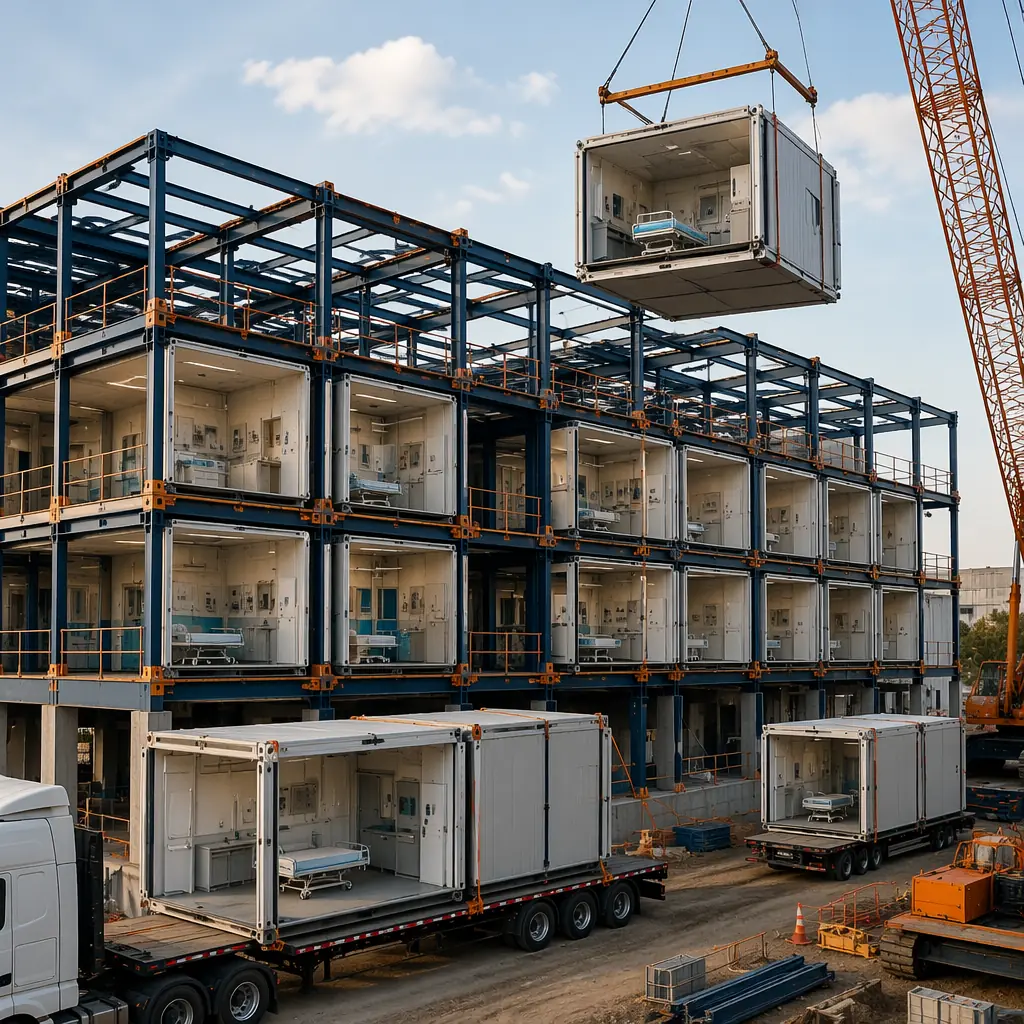 Modern modular hospital building under construction with crane lifting steel-framed prefabricated module onto multi-story healthcare facility, factory-assembled hospital modules with medical systems pre-installed, construction site with module seams visible on completed floors, dark navy structural steel framework with warm steel orange accents