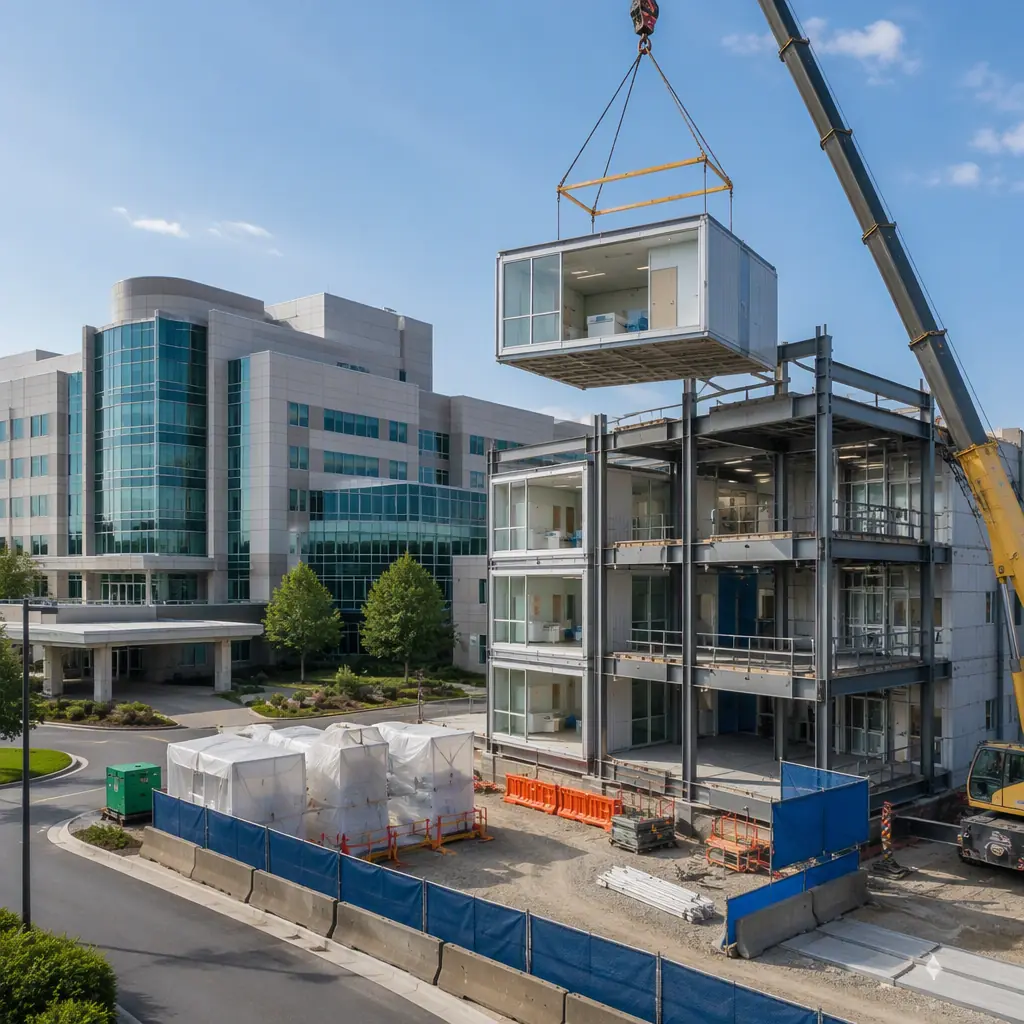 Modern hospital building with new modular wing expansion under construction, steel frame modules being craned into place adjacent to existing facility, clean organized construction site with safety barriers, bright daylight