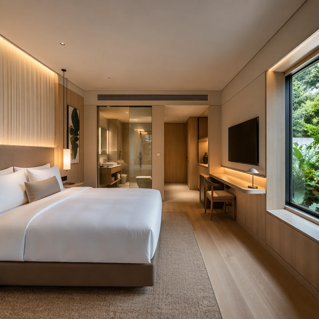 Modern modular hotel room interior with bed, wall-mounted TV, and bathroom through glass partition