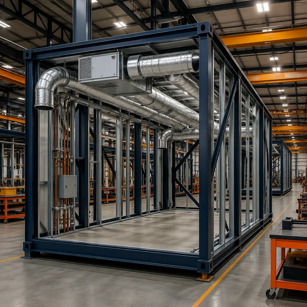 Modular prefabricated building module in factory with HVAC ductwork visible, ceiling-mounted ERV unit and spiral duct runs factory-installed before drywall, clean modern mechanical room with heat pump and ventilation equipment, steel frame module with dark navy structural elements and warm steel orange accents, factory assembly line with modules at various stages of MEP installation