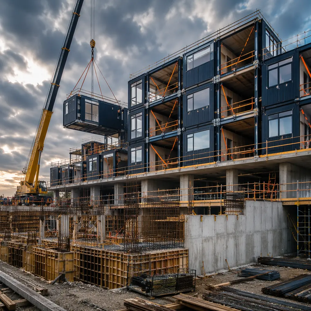 Construction site showing side-by-side integration of prefabricated modular building units being craned into position above a traditionally-built concrete podium structure, steel frame modules with factory-installed cladding, mixed construction approach