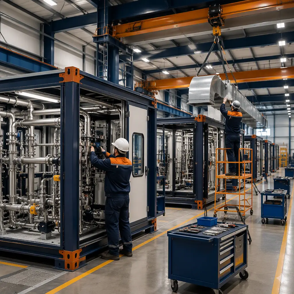 Factory floor assembly of modular hydrogen station equipment enclosures, steel-framed modules with piping systems being installed, workers installing ventilation ductwork and control panels, overhead crane, industrial manufacturing environment with clean bright lighting