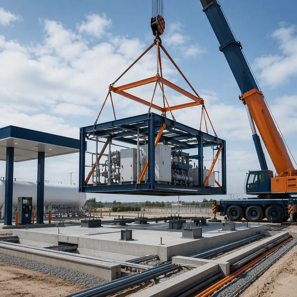 Crane lifting a prefabricated steel-frame module onto a hydrogen refueling station foundation, clean geometric lines, navy steel accents with warm orange detailing, construction site with utility trenches and concrete pad, energy infrastructure project