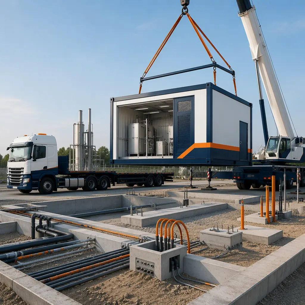 Flatbed truck delivering a prefabricated hydrogen station module to an energy infrastructure site, module being positioned by crane, clean geometric lines with navy and orange accents, organized construction site with concrete foundation and utility work
