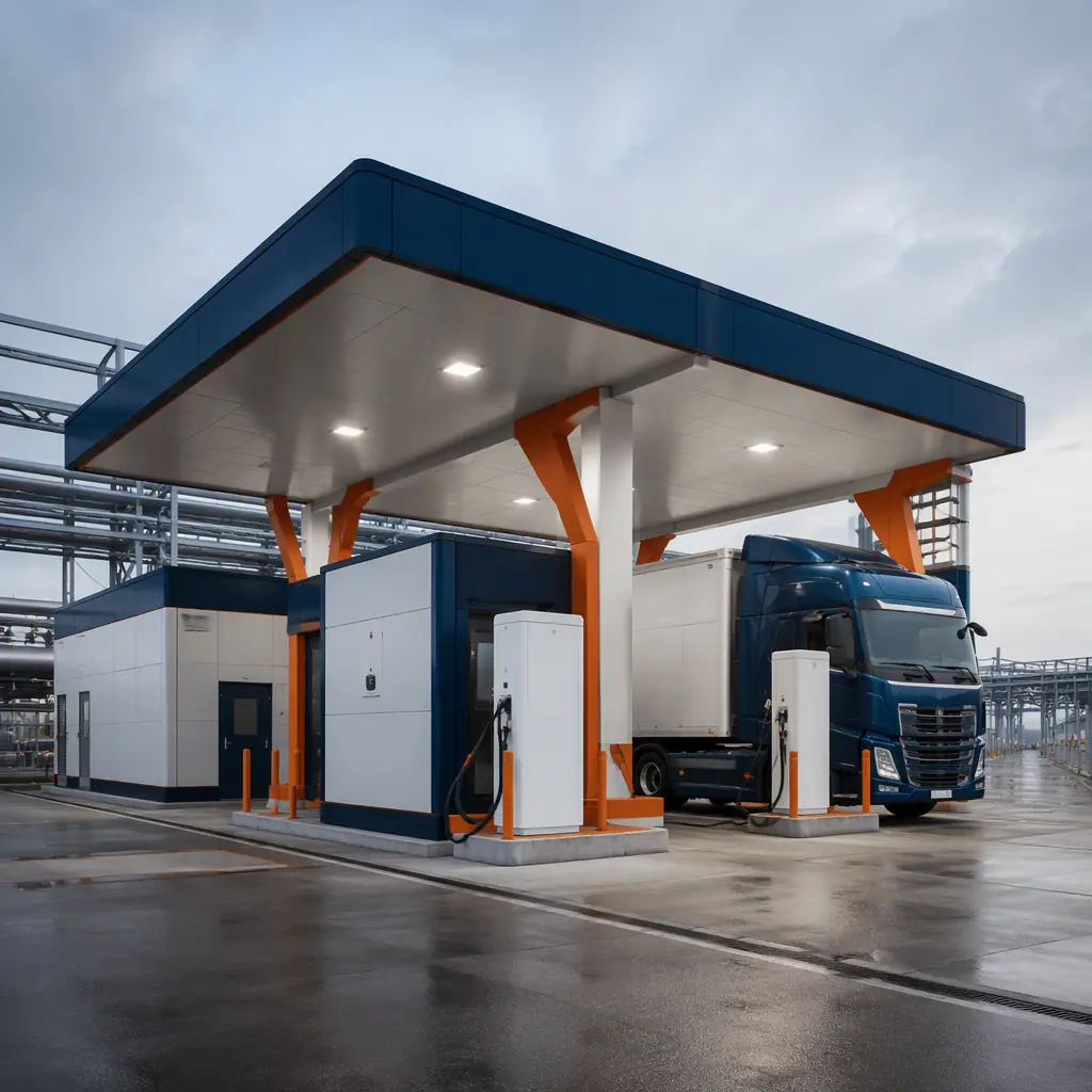 Completed modular hydrogen refueling station for heavy-duty trucks, large prefabricated canopy over dispensing bays, white and navy steel-frame structure with module seams visible, warm orange accents, trucks fueling at dispensers, industrial trucking corridor setting with dramatic sky