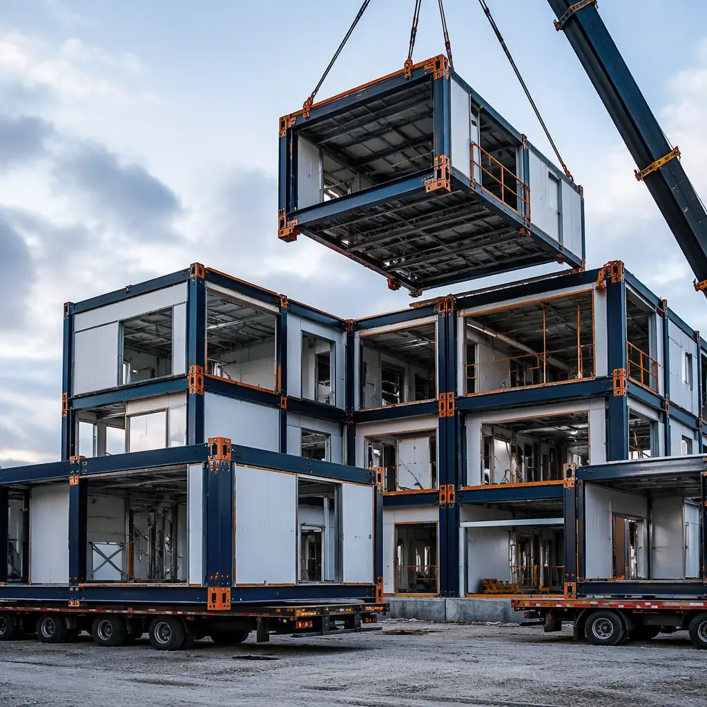 Modern modular diagnostic imaging facility with clean geometric facade and medical center signage, steel frame structure visible, modular prefabricated construction