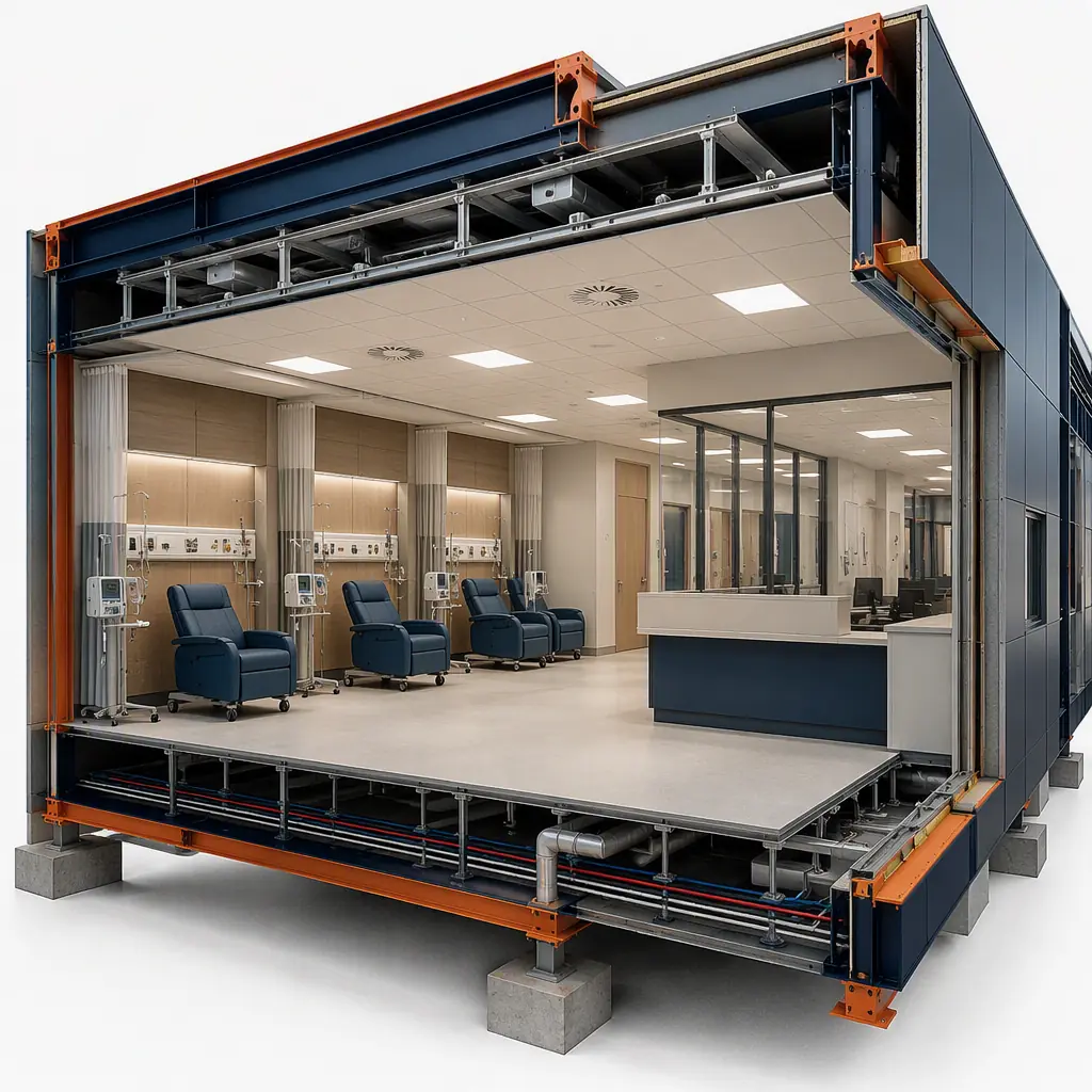 Photorealistic 3D cross-section render of modular infusion center suite, treatment bays with recliner chairs and medical gas headwalls, nursing station with glass partition, ceiling HEPA diffusers, raised floor with MEP runs, steel frame structure visible, clean engineering visualization, no text, no labels