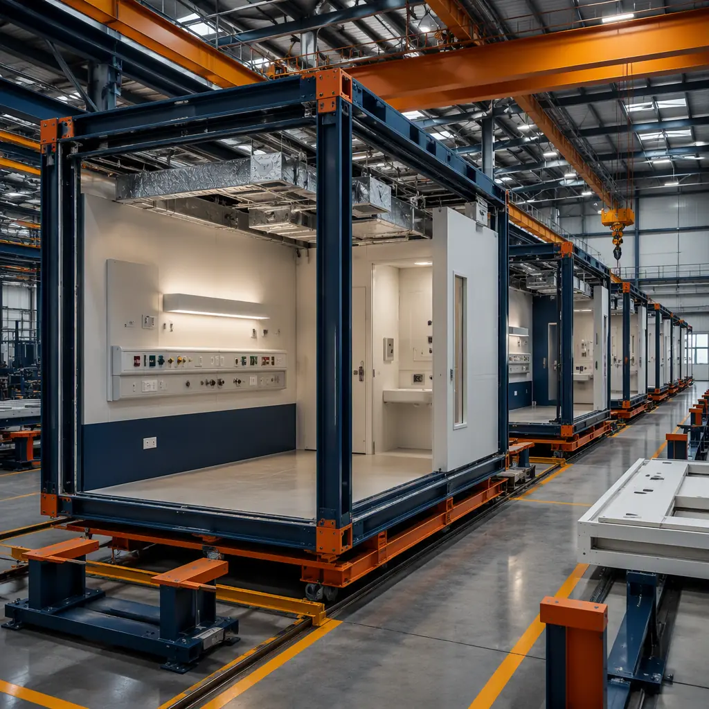Factory floor of modular prefabricated construction facility, healthcare module with medical gas headwall panels and HVAC ducting being installed in steel frame, clean assembly area, wall panels and clinical systems pre-installed on module frame, dark navy and warm steel orange accents, no people faces, no text
