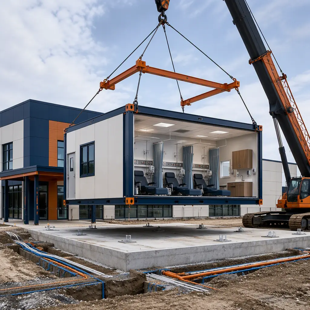 Crane lifting prefabricated steel-frame healthcare module with pre-installed medical utility connections onto concrete foundation at infusion clinic construction site, module seams visible, clean level site with utility trenches prepared, dark navy steel with warm orange accents, no people faces, no text, no logos