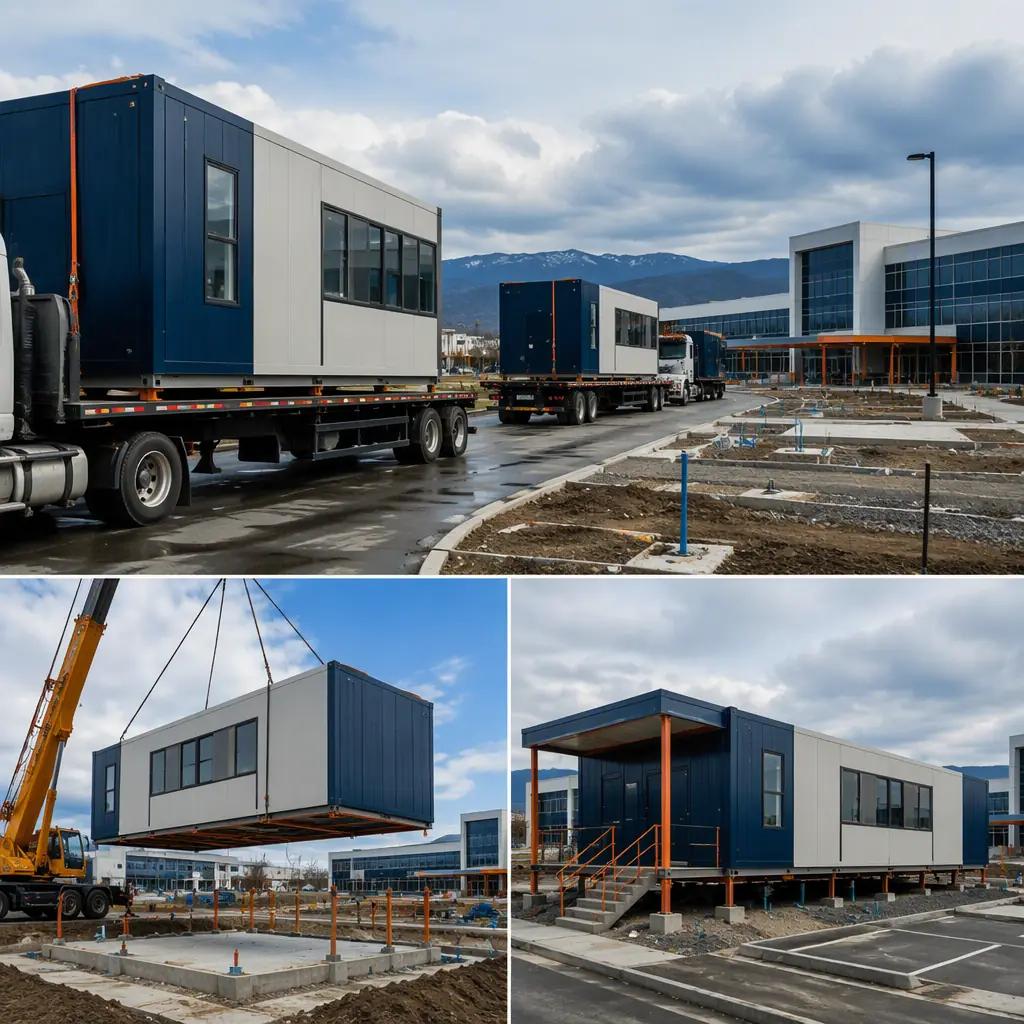 Prefabricated healthcare modules arriving on flatbed trucks at medical campus site, crane positioning steel-frame clinic module onto prepared foundation, module seams visible, site utilities and parking under construction, dark navy steel with warm orange accents, no people faces, no text, no logos