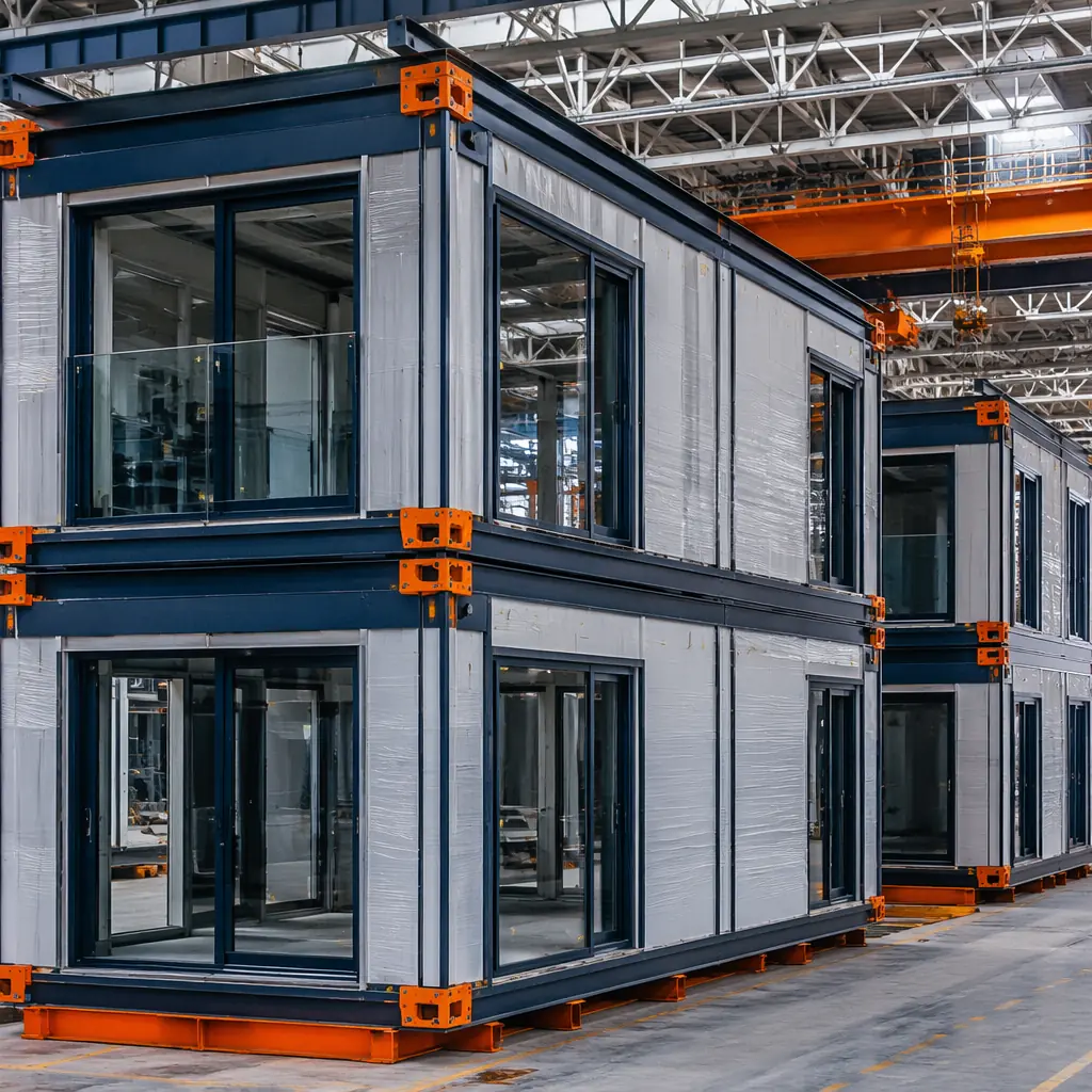 Completed modular building units on factory floor awaiting transport, steel frame structures with modular prefabricated construction visible, factory assembly environment with quality control markings, clean industrial setting, dark navy and warm steel orange brand colors on structural elements