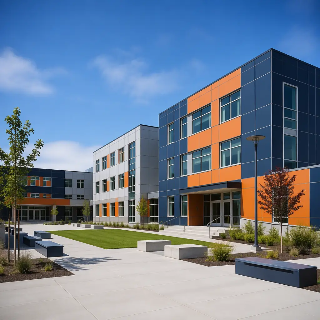 Completed modular K-12 school campus, multiple classroom wings assembled from prefabricated modules, clean geometric lines, grid pattern facade reflecting modular construction, modern educational setting