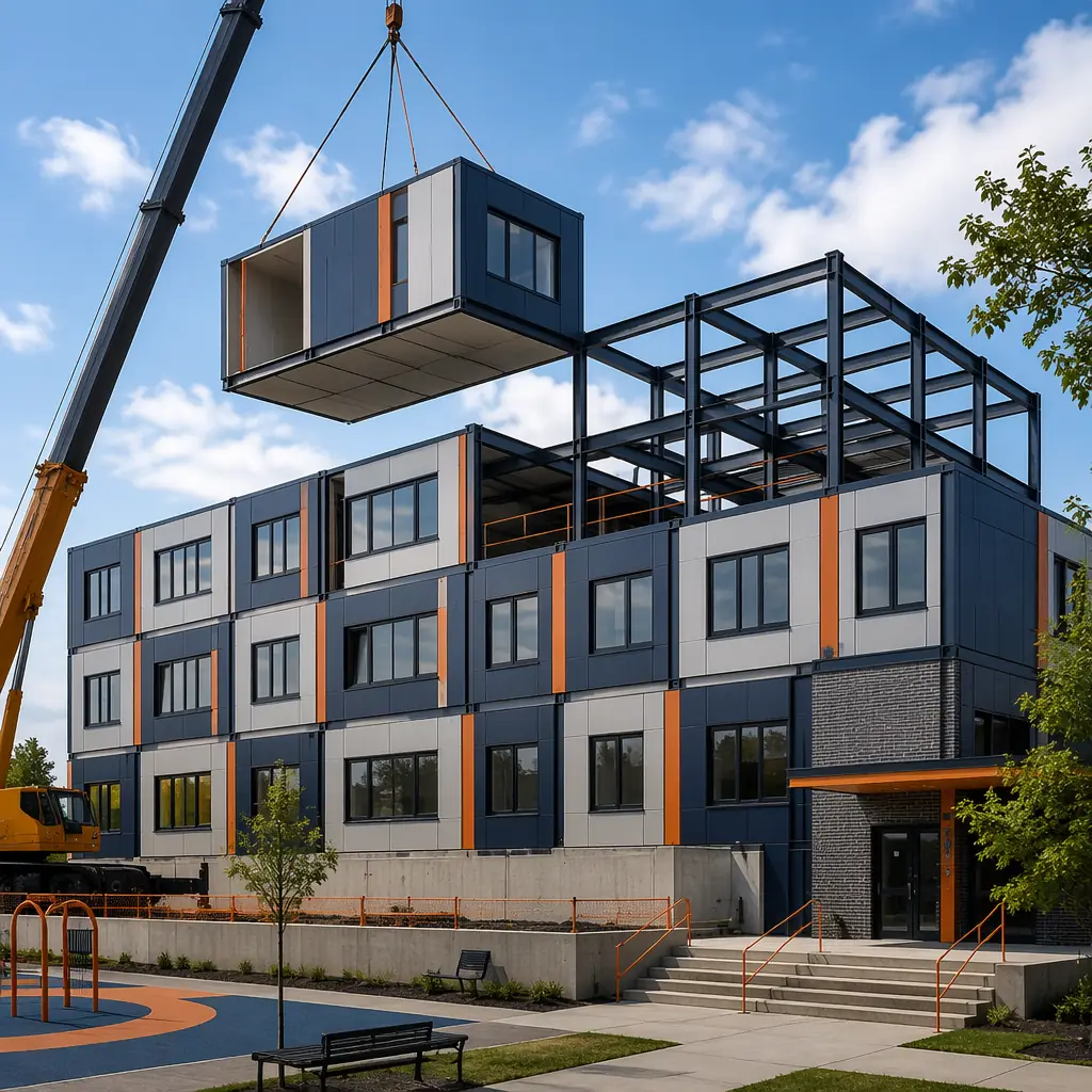 Modular K-12 school building exterior with prefabricated classroom modules, crane positioning a module onto foundation, steel frame visible, modern educational facility