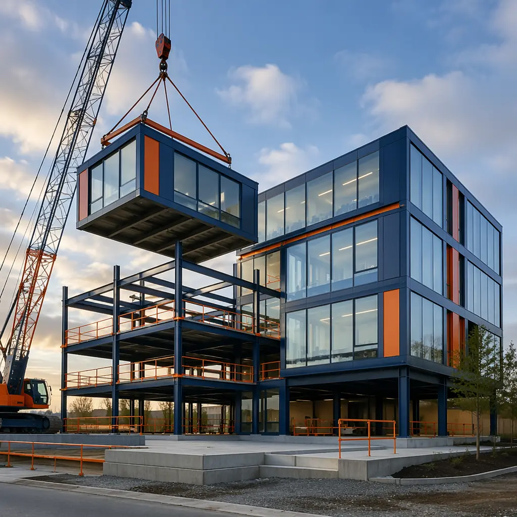 Modular laboratory research facility exterior, prefabricated lab modules stacked into multi-story biotech building, crane lifting module unit onto foundation, clean geometric facade with grid pattern reflecting modular units, steel frame visible, modern life sciences architecture, module seams visible, factory-assembled lab construction